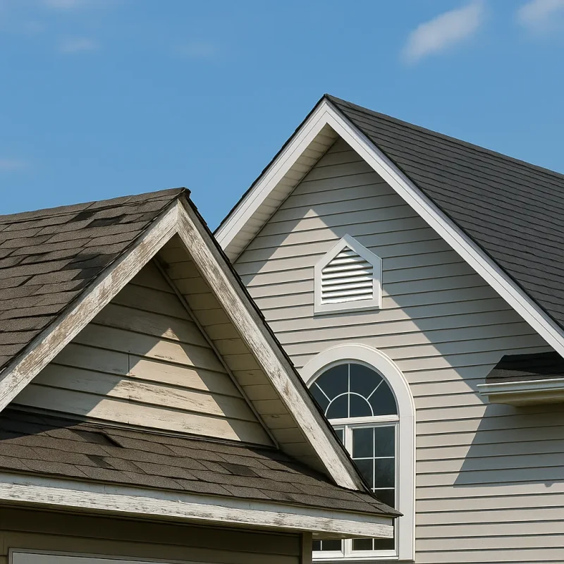 Comparison of an old worn roof and a new roof on neighboring Connecticut homes