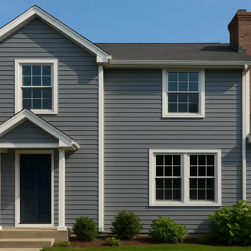 Modern Connecticut home with newly installed vinyl siding, front lawn, and clear skies